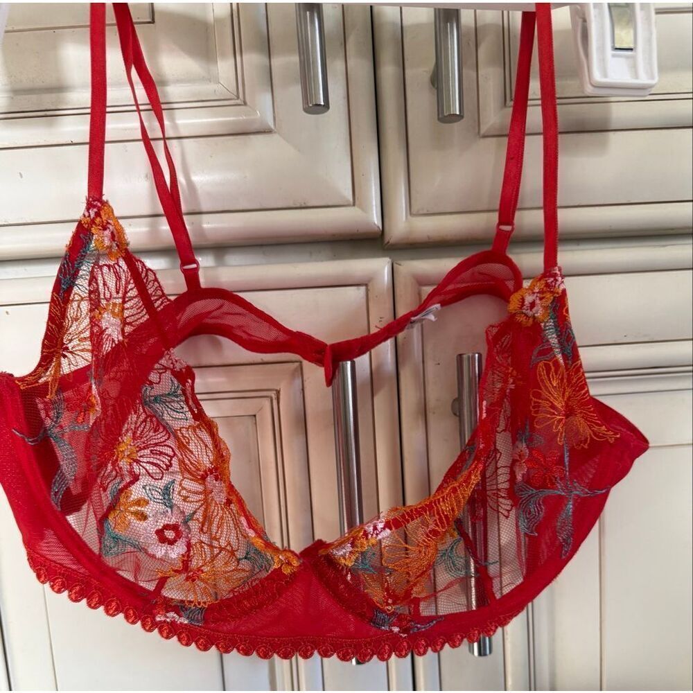 Codigo Women's Embroidered Floral Sheer Mesh Balconette Bra Red Orange Small